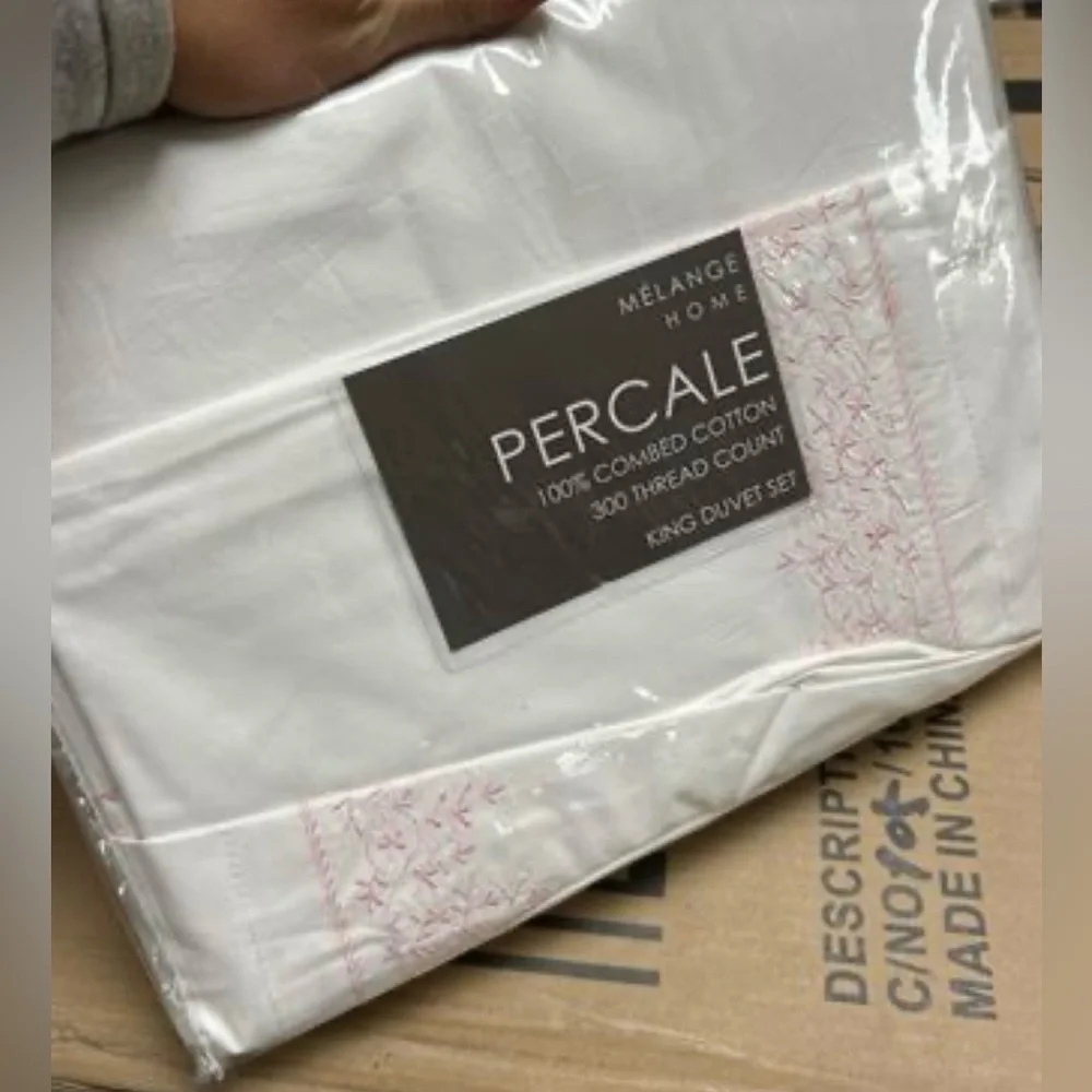 Leaf Stone Embroidery Percale Cotton Duvet Set Rose On White - King - 3 Piece - Picture 6 of 7